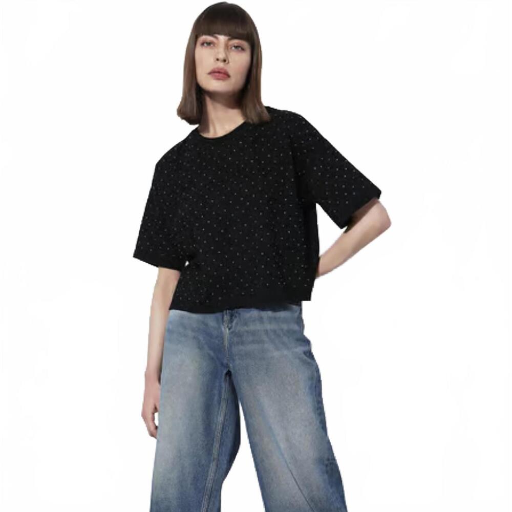 Vicolo Northland Perforated Knit Ultra-Light Top, Black, Made in Italy,‎ Size M